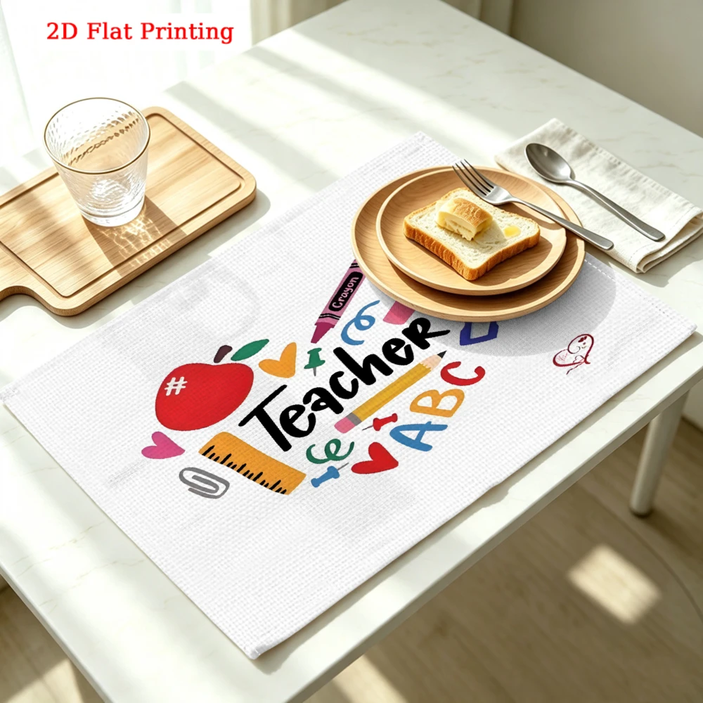 2Pcs Woven Placemat White Teacher Apple ABC Pencil Table Mat Kitchen Dining Decor Protection 30X40Cm