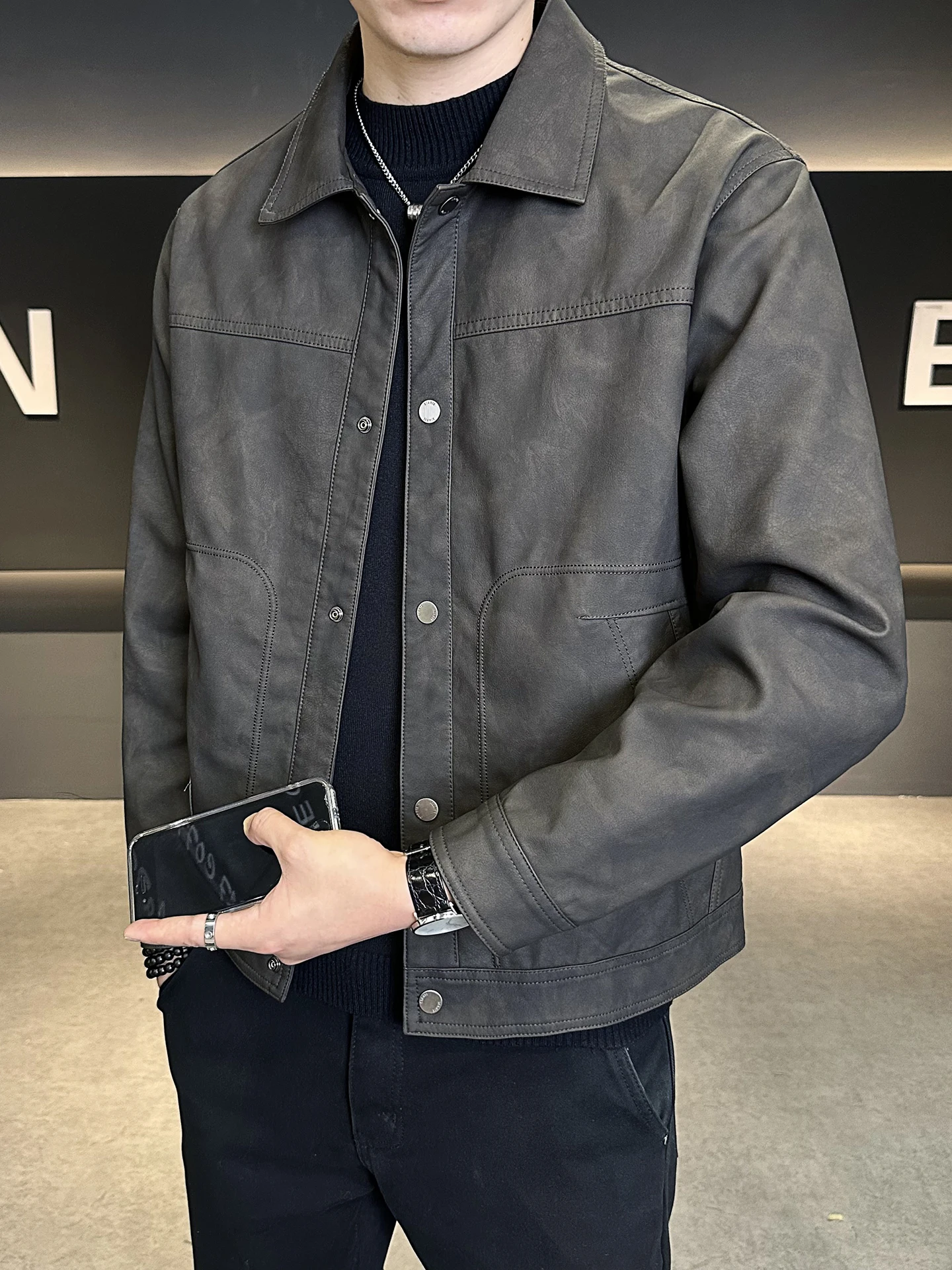 

Casual Sle Men's Biker Jaet PU Leather Spring Autumn Outerwear Faionable Versatile Long Sve with kets Real Leathe...