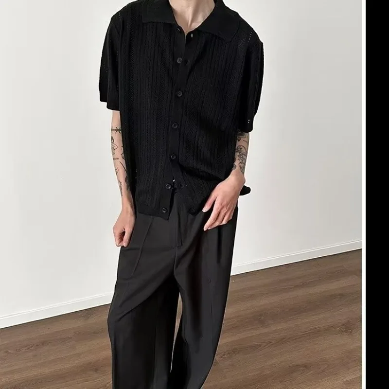 American Vintage Lace Hollow Out Knit Shirt Men Lapel Oversized Short Sleeve Casual Summer Polo Shirt Buttons Cardigan Tops