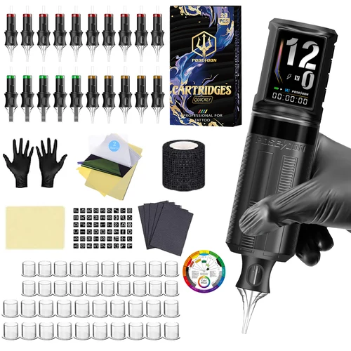 Imagen 2 del producto Kit de tatuaje POSEIDON V5, Kit de pluma de tatuaje para maquillaje permanente, Kit de máquina de tatuaje profesional inalámbrico HM163, Kit de pistola de tatuaje