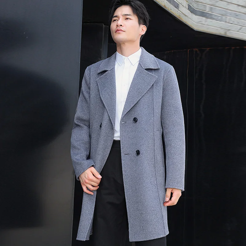 

100% Merino Wool Double-Sided Coat Men's Suit Collar Double-Breasted Coat Handmade Medium Length High Street Business Top