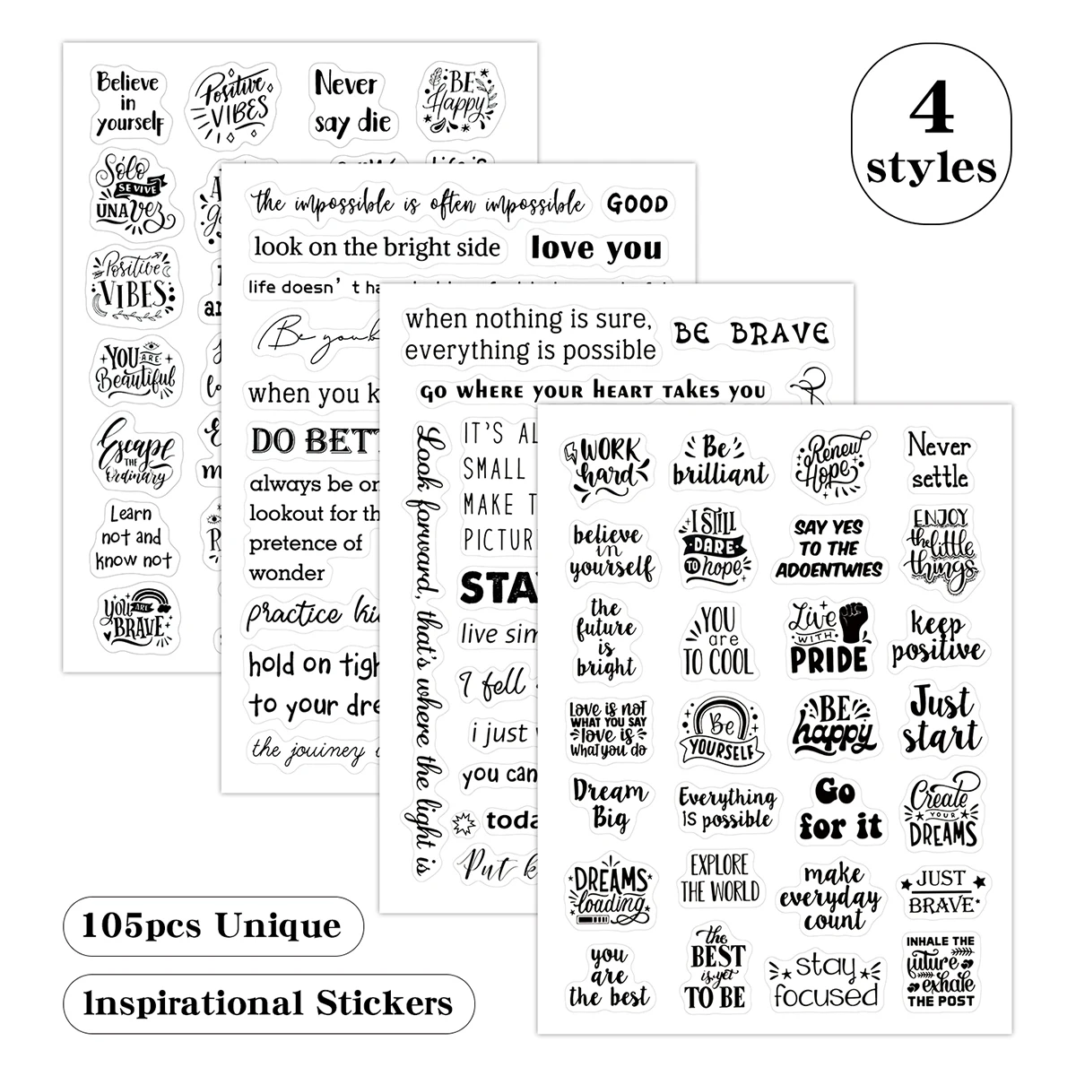 105pcs Inspiring Self-Affirmation Black English Phrase Stickers For Scrapbook Material Phone Computer Decorative Stickers Gifts