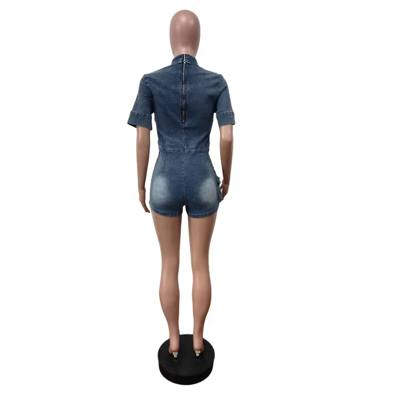 Denim Jumpsuits Women Vintage Rompers Overalls Stretch Washed Turn Down Collar Sexy Jeans Short Pants One Piece Shorts 2025 - view 6