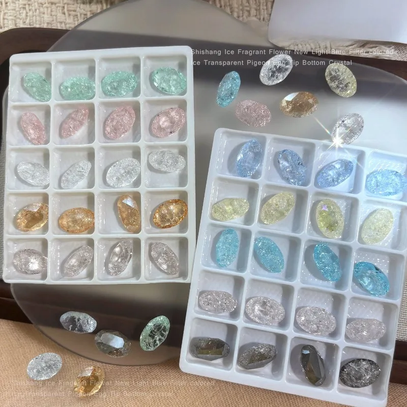 Ice Flower Pigeon Egg Nail with Burst Pattern Transparent White Light Pink Blue Thin Egg Pointed Bottom Large Diamond Accessory