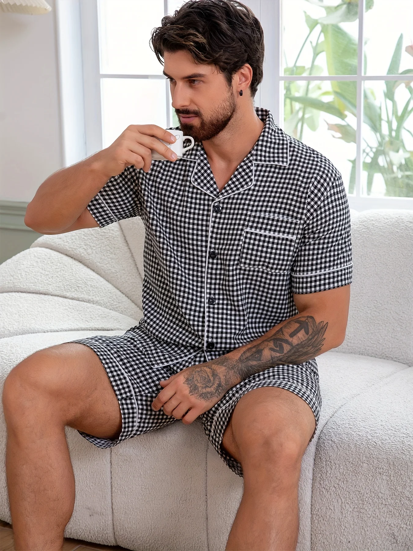 Men's Gingham Bubble Crepe Pajama Set, Button-Down Shirt & Elastic Waist Shorts, Comfortable Casual Loungewear Set Men Pajamas