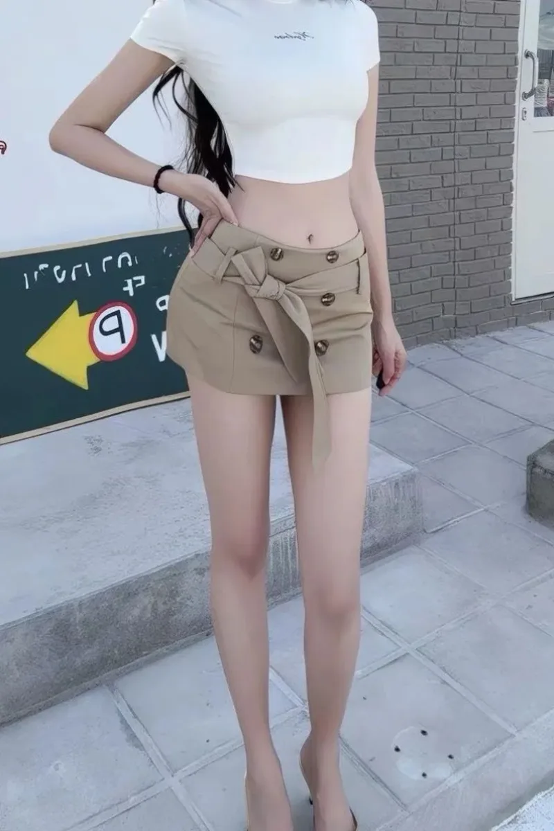 New Summer Sexy Mini Skirt Women Casual Vintage Low Waist Double Breasted Short Skirt Bow Tie Solid Color Fashion Jupe Y2k