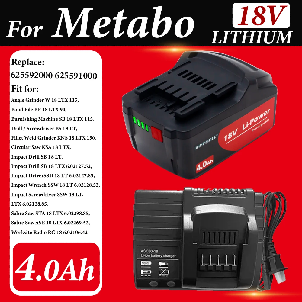 Newest Rechargeable 18V 4.0Ah Battery for Metabo Cordless Power Tool Drill Drivers Wrench Hammers for Metabo 625592000 625591000