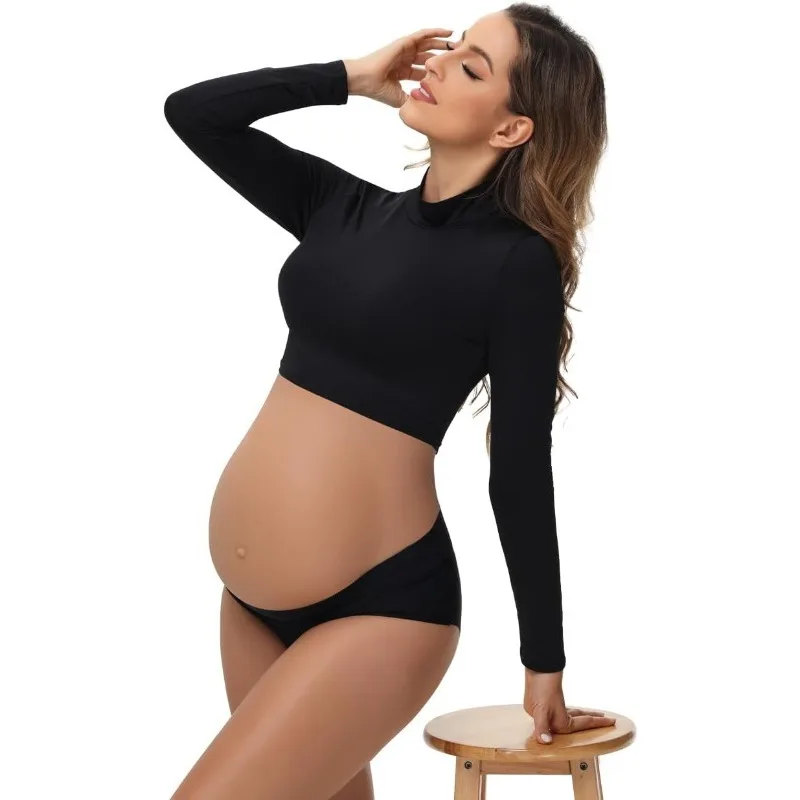 Set servizio fotografico premaman: body e mutandine a maniche lunghe con colletto alto - Completo elasticizzato che rivela la pancia per la fotografia di gravidanza