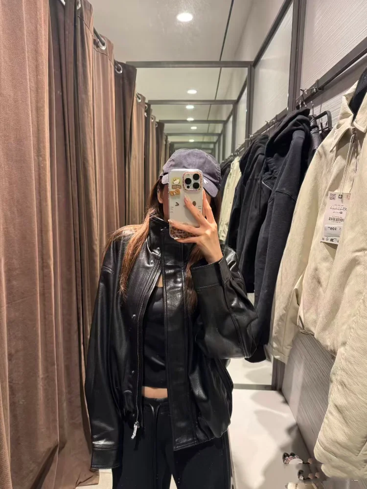 خريف 2025 ملابس خارجية فضفاضة للسيدات عالية من جلد البولي يوريثان ملابس خارجية فضفاضة دافئة ريترو Sle طويلة Sve سحاب إغلاق اللون #3