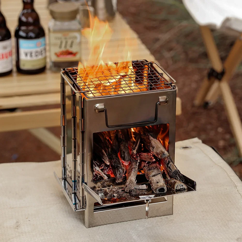 Outdoor Folding Wood Stove Mini Stainless Steel Grill BBQ Camping Picnic Folding Charcoal Stove Outdoor Barbecue Grill