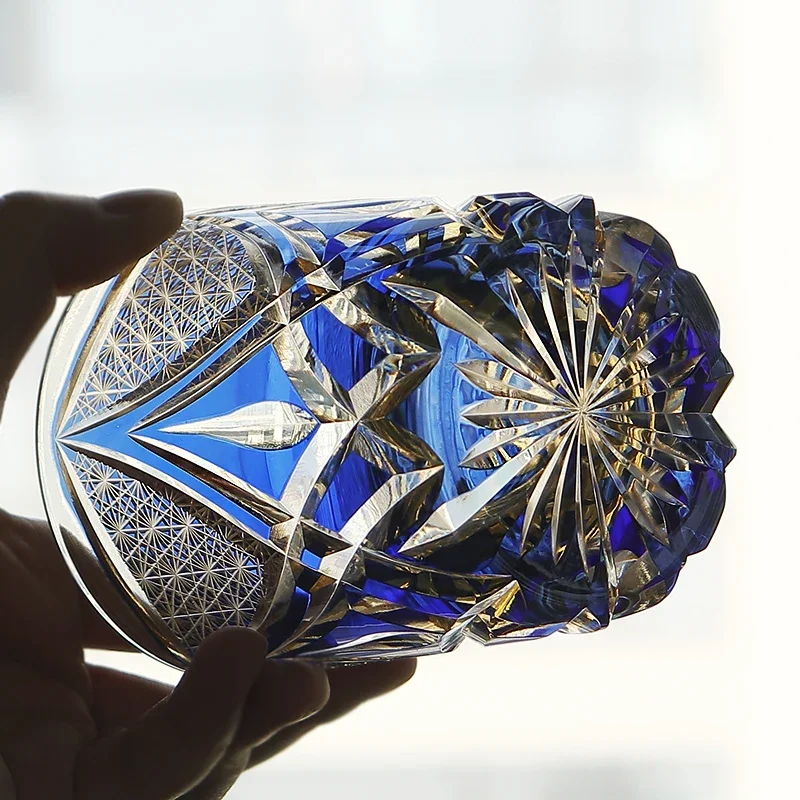 Hand Engraved Edo Kiriko 250ml Whiskey Glass Japanese Crystal Blue Copo Whisky Vaso Whisky Azul Barware Gift