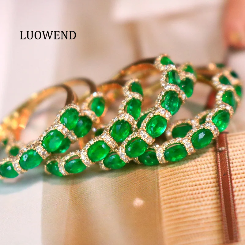 

Кольцо LUOWEND из 100% 18-каратного желтого золота, элегантный стиль, с блестящими бриллиантами и натуральным изумрудом, для женщин, идеальный подарок на годовщину