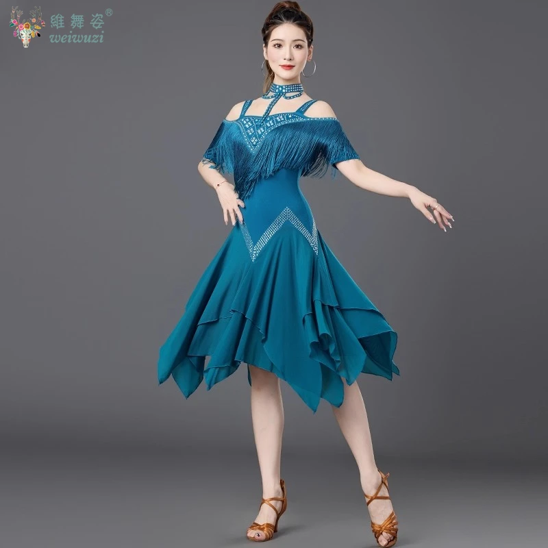 라틴 댄스 공연 드레스 오프 숄더 불규칙한 태슬 드레스 성인 전문 차차 삼바 룸바 대회 의상