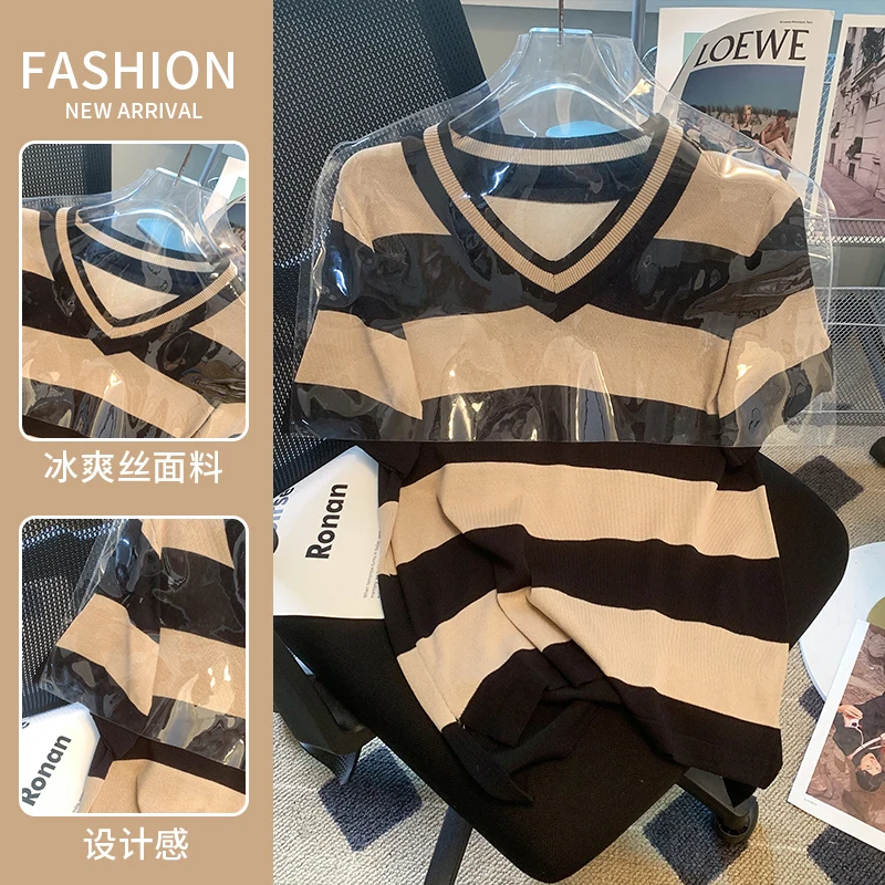 New 2023 Basic Korean Style Fashionable Striped Lady Women's Spring Summer Knitting Ice Silk V-neck Oversized T-shirt Casual Top