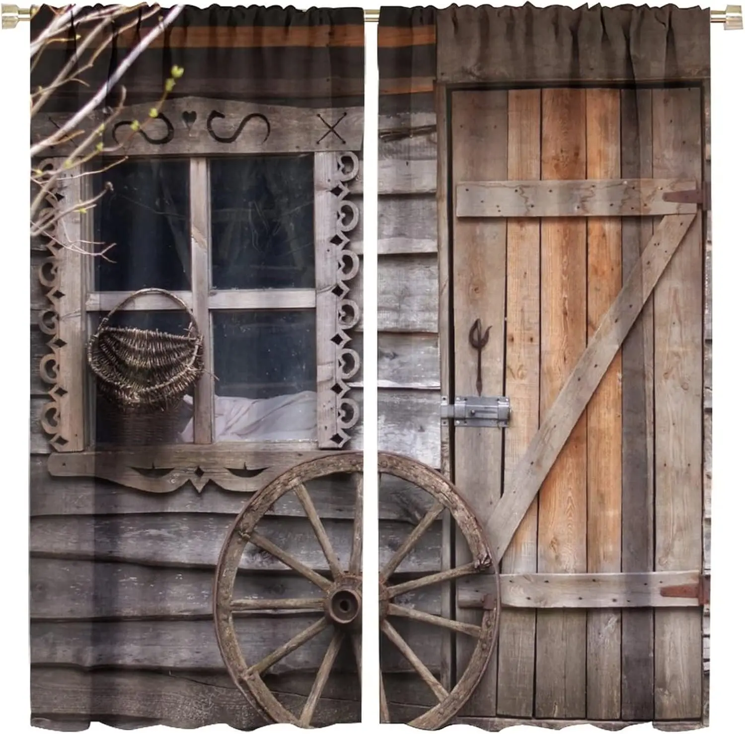 Farmhouse Wooden Barn Door Blackout Curtains for Bedroom,Rustic Western Wooden Board Wheel Antique Art Window Drapes 2 Panels