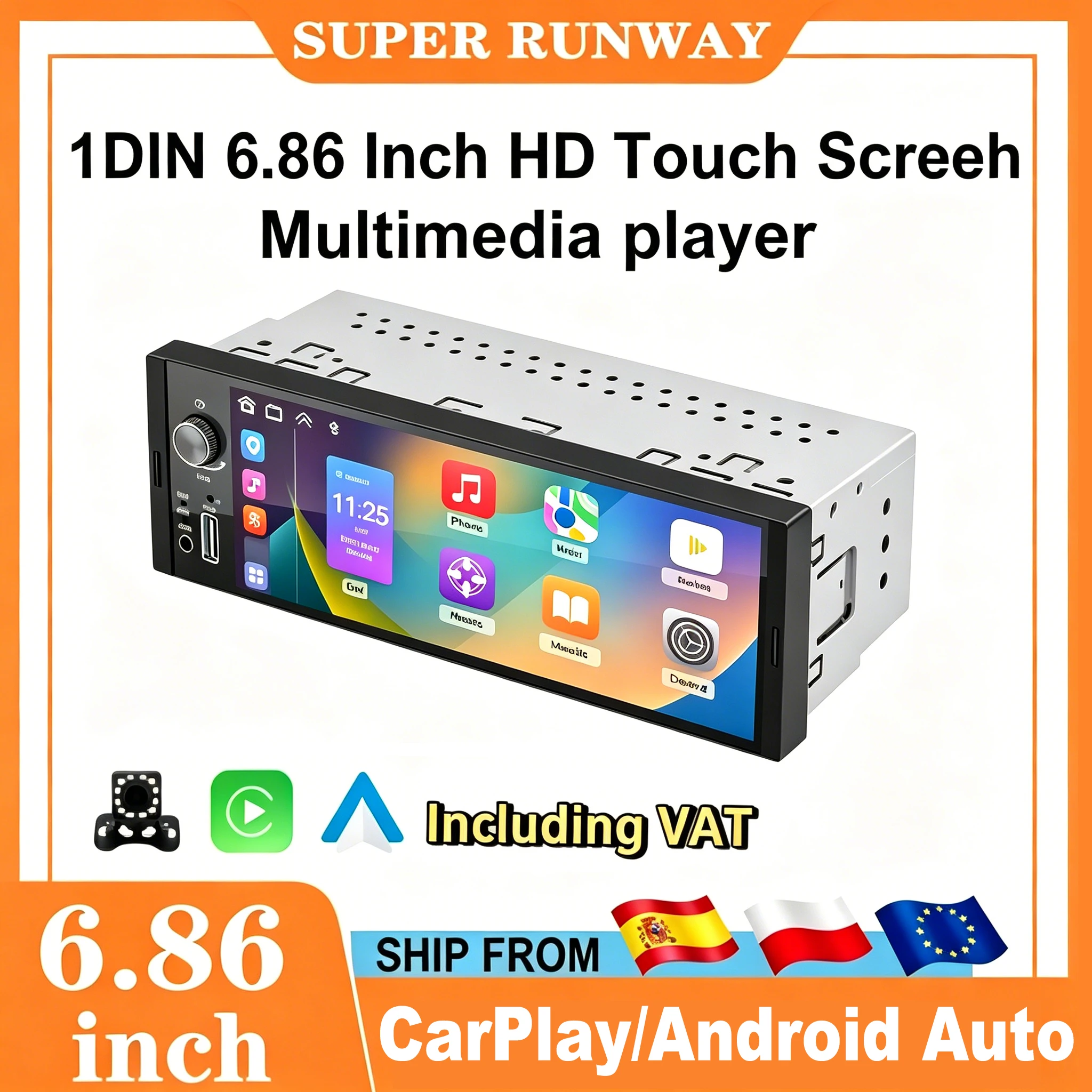 Reproductor MP5 Super Runway de 6.86 Pulgadas, 1280*480, 1 Din, Radio para Auto, Carplay Inalámbrico, Reproductor Multimedia Android Auto, Radio FM 1Din, Estéreo para Auto