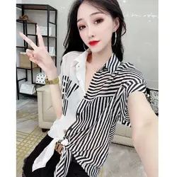 Summer Woman Clothes Striped Short Sleeve Shirt Loose Casual Elegant Fashion European Style Chiffon Tops Thin Color Collision