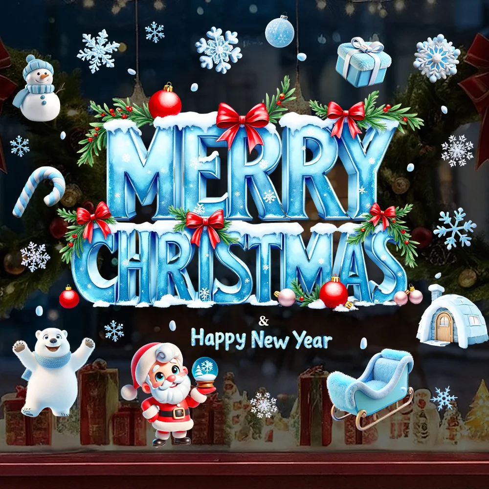 Christmas Blue Cartoon Ice and Snow Merry Christmas Window Stickers for Window Door Decoration Party Diy
