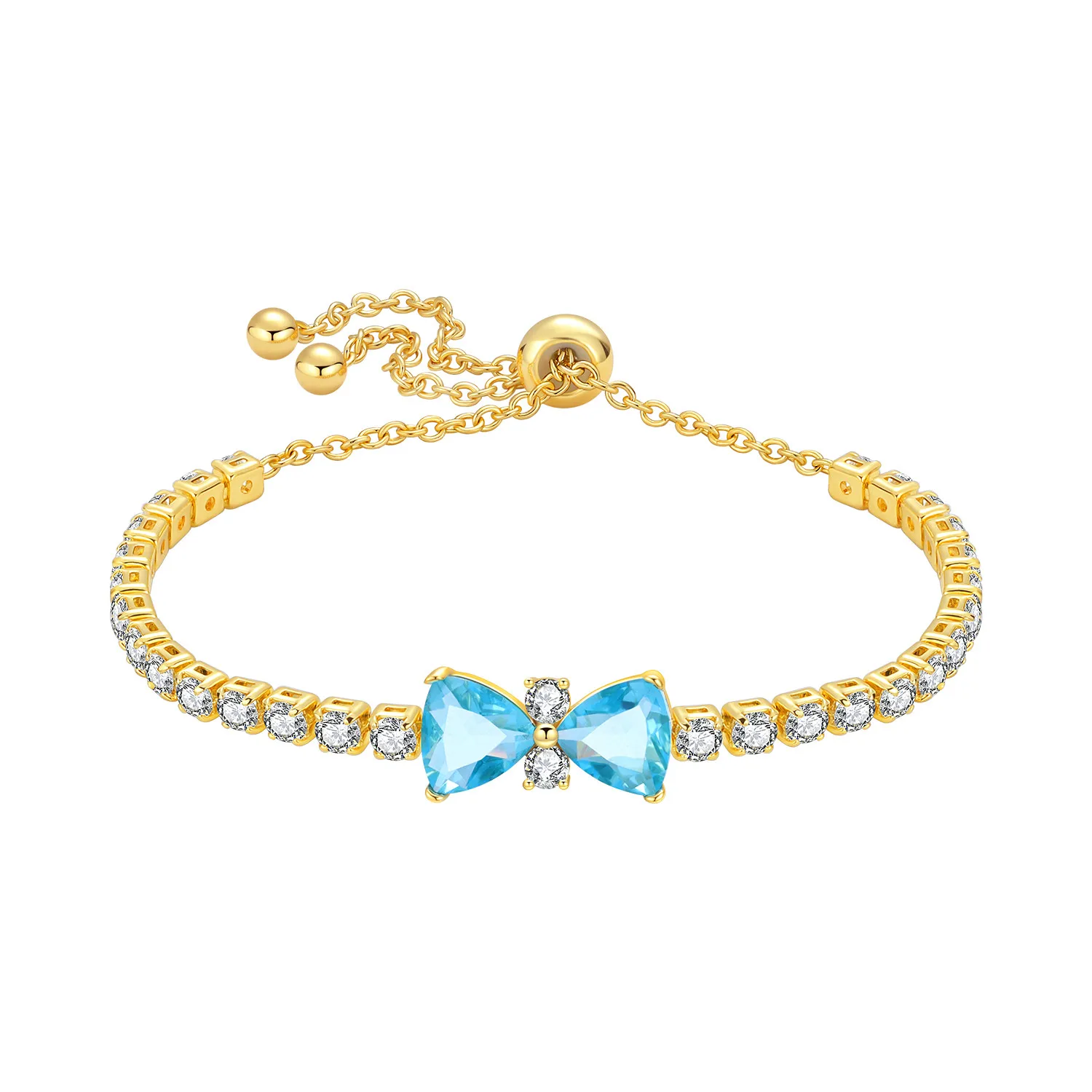 PANPOKI New 925 Sterling Silver 18K Gold Chain Bar Blue bow Bracelet Chain Link Women Bracelet Birthday Trend Jewelry Fine Gift