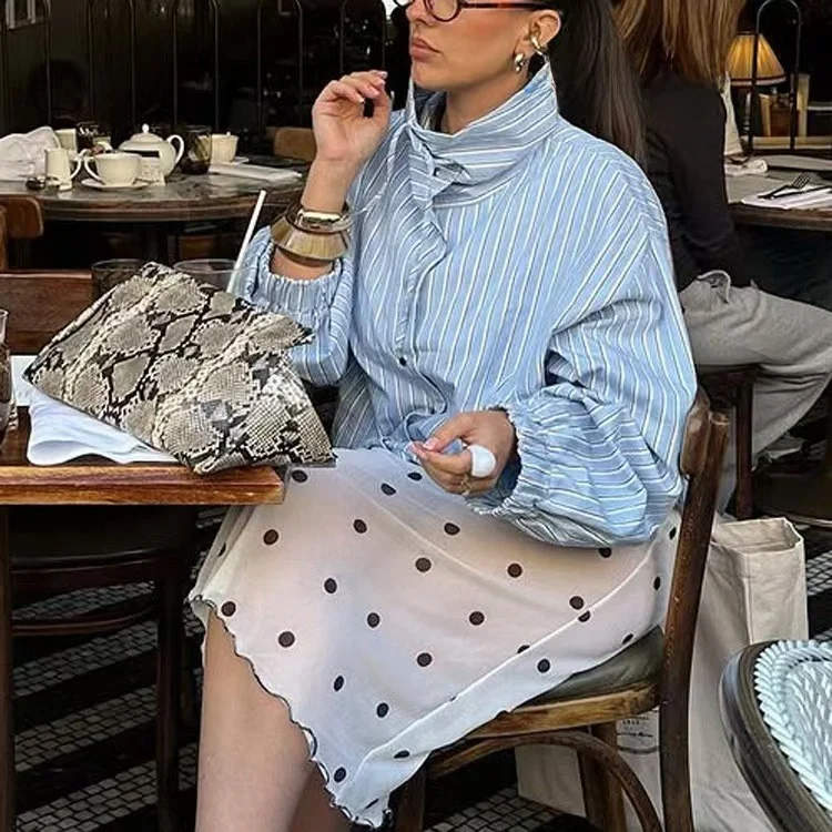 

Fashionable Loose Striped Shirt Long Sleeve Stand Collar Open Cardigan Women's Summer Sun Protection Mid-Length Ladies' Shirt