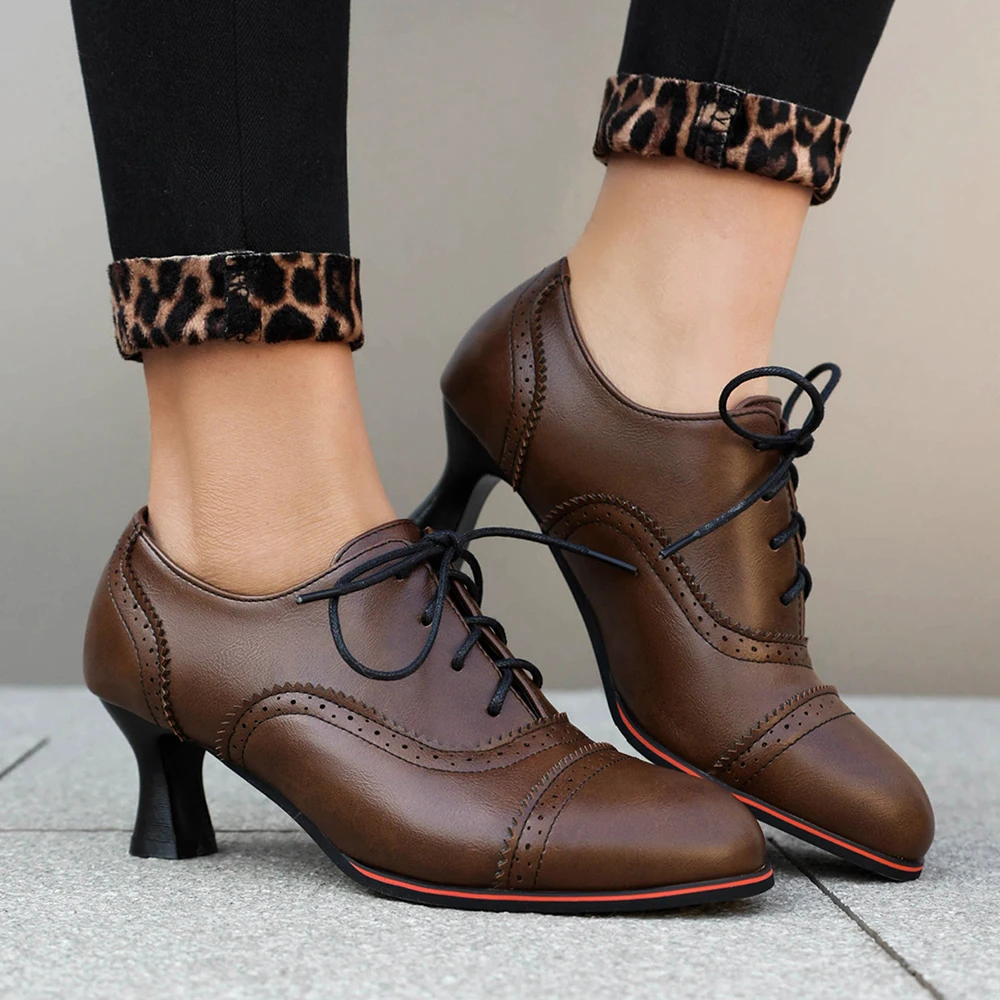 Retro Oxford Pumps Woman Vintage Lace Up Round Toe High Heels Dress Zapatos Ladies Brand Design Wing Derby Shoes Plus Size 43