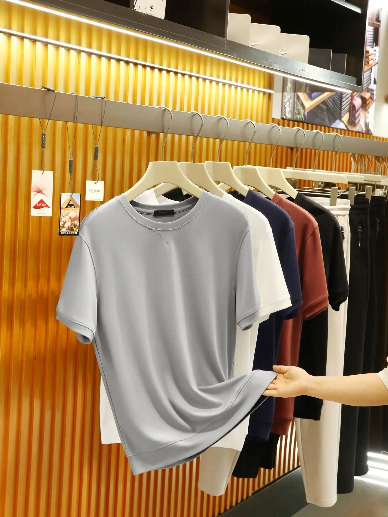 GIZA45 Cotton Modal Fabric Luxury Retro Men's Short Sleeve T-Shirt Breathable Comfortable round Neck Casual Style Pure Color