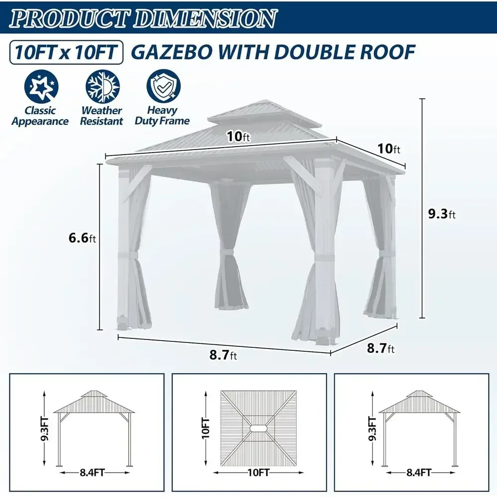 10'x10' Outdoor Wood Gazebo - Hardtop Wooden Gazebo with Galvanized Steel Roo, Heavy-Duty Pavilion with Netting & Curtains or Ga