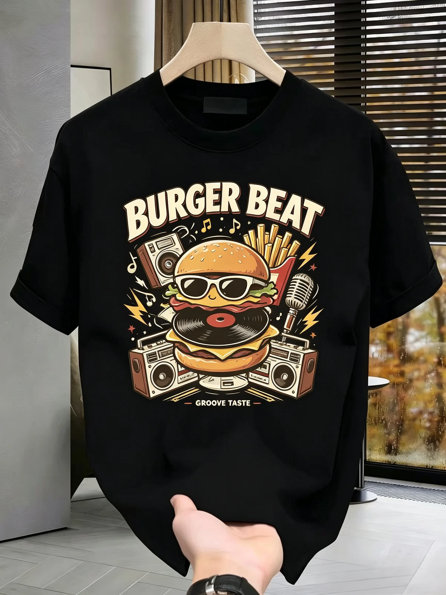 Unisex BURGER BEAT Hip Hop Burger Fries Vinyl Graphic T Shirt Men Women Vintage Food Music Short Sleeve Black Tee