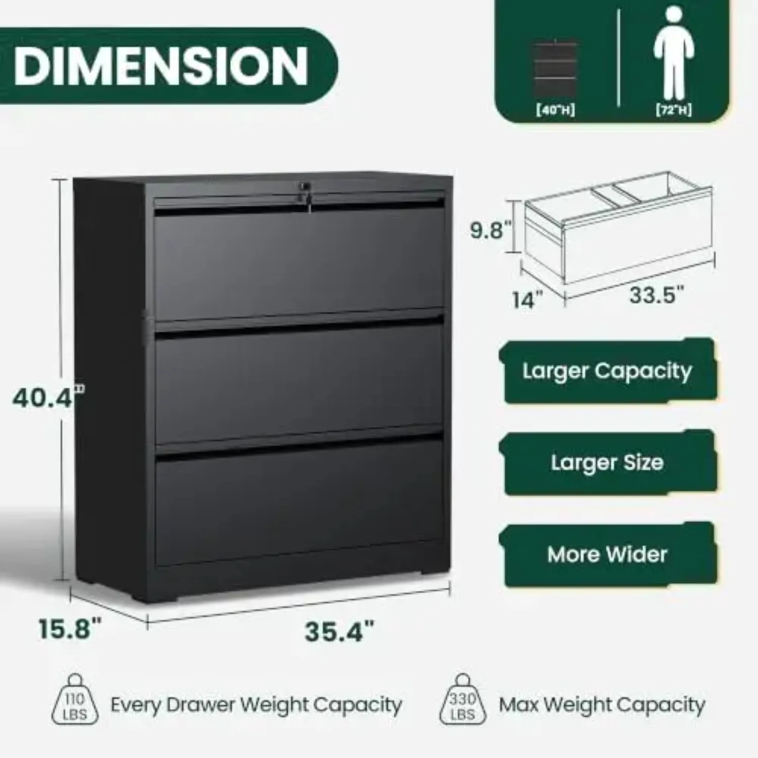 3 Drawer Lateral File Cabinet, Metal File Cabinets for Home Office with Lock, Large Filing Storage Cabinet Printer