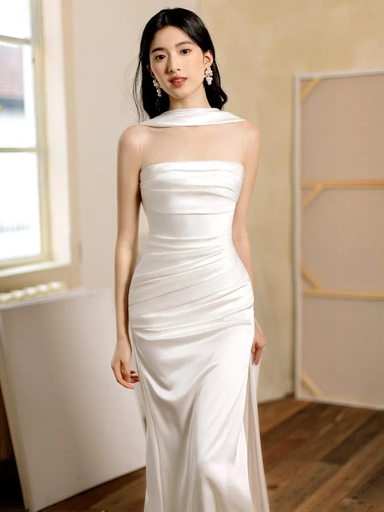 White Strapless Starry Sky Evening Dress Boat Neck Stain A-line Party Dress Summer Sexy Model Catwalk Prom Dress Vestido