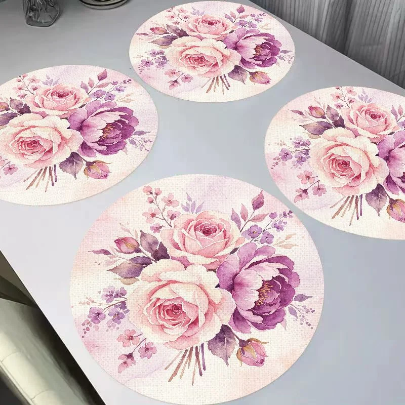 VIKAMA Gentle Watercolor Pink Purple Rose Peony Round Linen Placemats, Heat Resistant Waterproof Washable Table Mat
