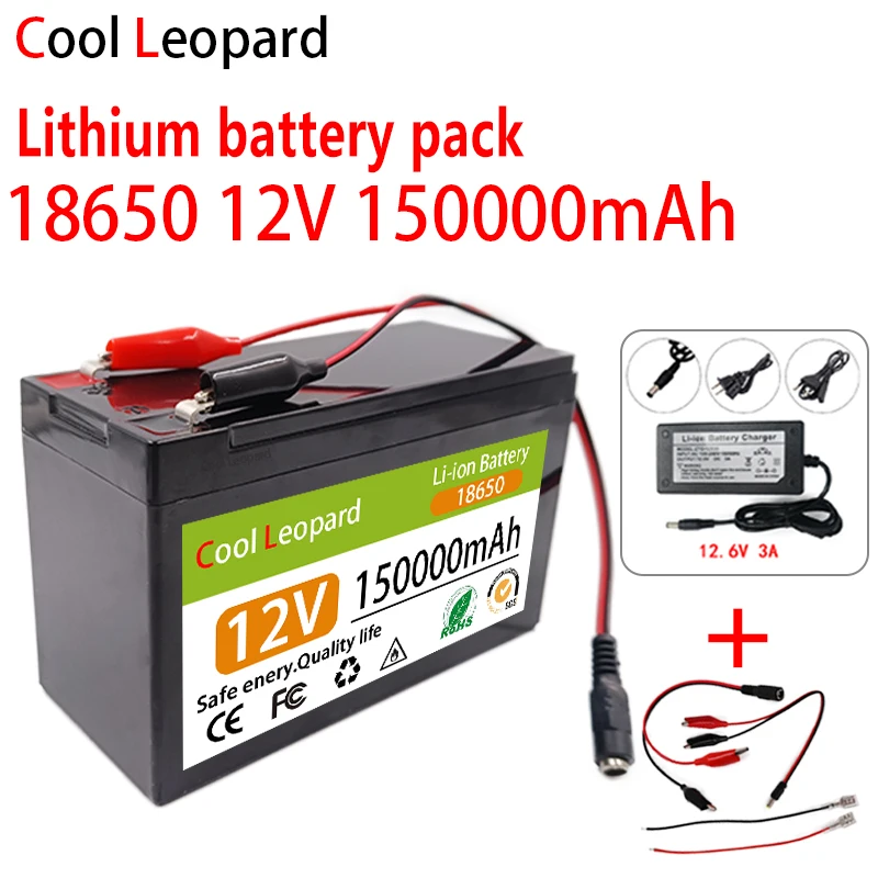 

12v 18650 Li-ion Rechargeable Battery Pack DC 12.6V 150Ah Battery With EU Plug + 12.6v 3a Charger + Cr123a DC Bus Head Cable