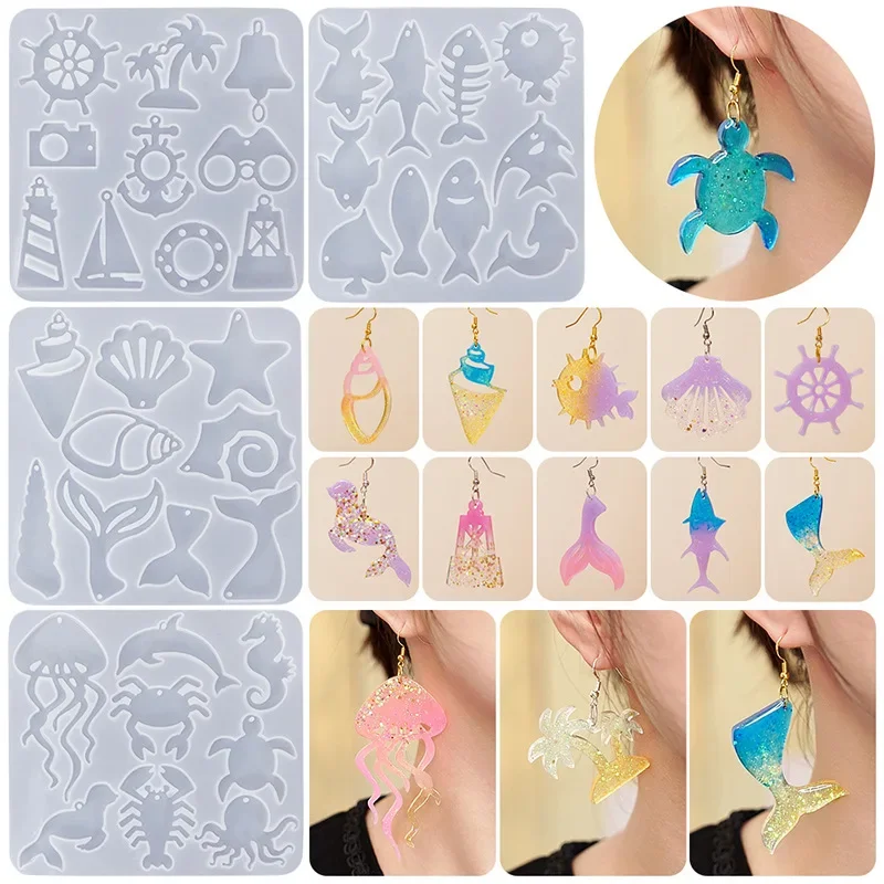 DIY Ocean Wind Series Earrings Crystal Epoxy Resin Mold Conch Shell Dolphin Earrings Pendant Mold