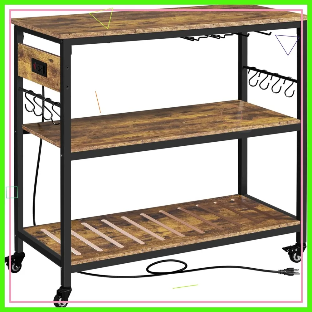 Carrinho de ilha de cozinha com tomada elétrica, suporte de armazenamento móvel com rodas, design marrom rústico
