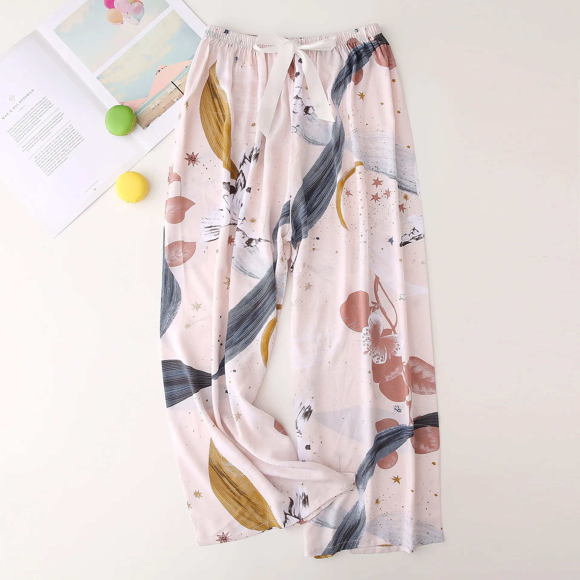 2022 hause Hosen Frauen Frühling Sommer Dünne Schlaf Hosen Floral Gedruckt Pyjama Hosen Breites Bein Lose Plus Größe Kalb-länge Böden