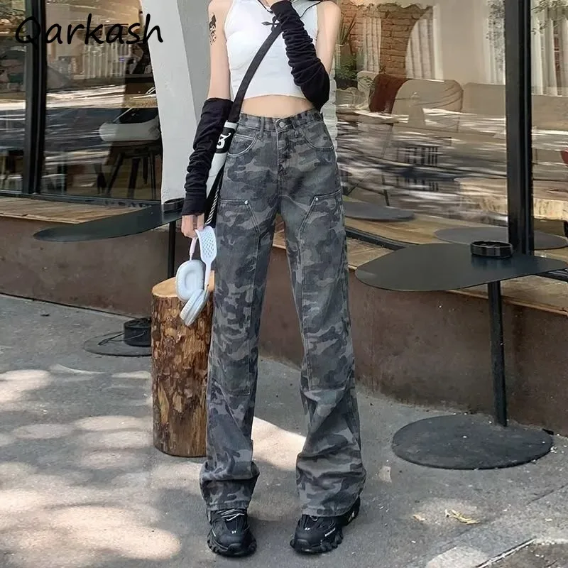 

Jeans Women American High Street Workwear Loose Straight Camouflage Plus Velvet Hot Girl Casual Wide Leg Trousers Autumn New