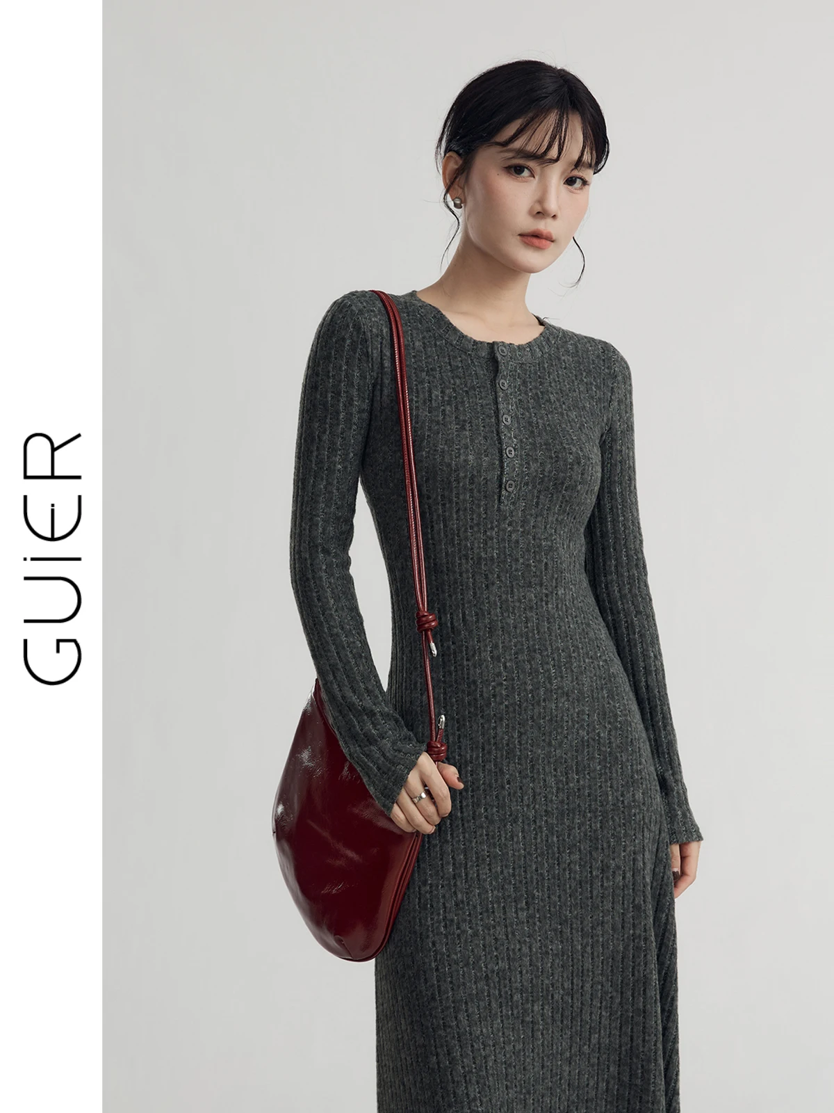 

Guier облегающее трикотажное платье женское круглое длинное платье с завышенной талией, осеннее новое облегающее платье трапециевидной формы