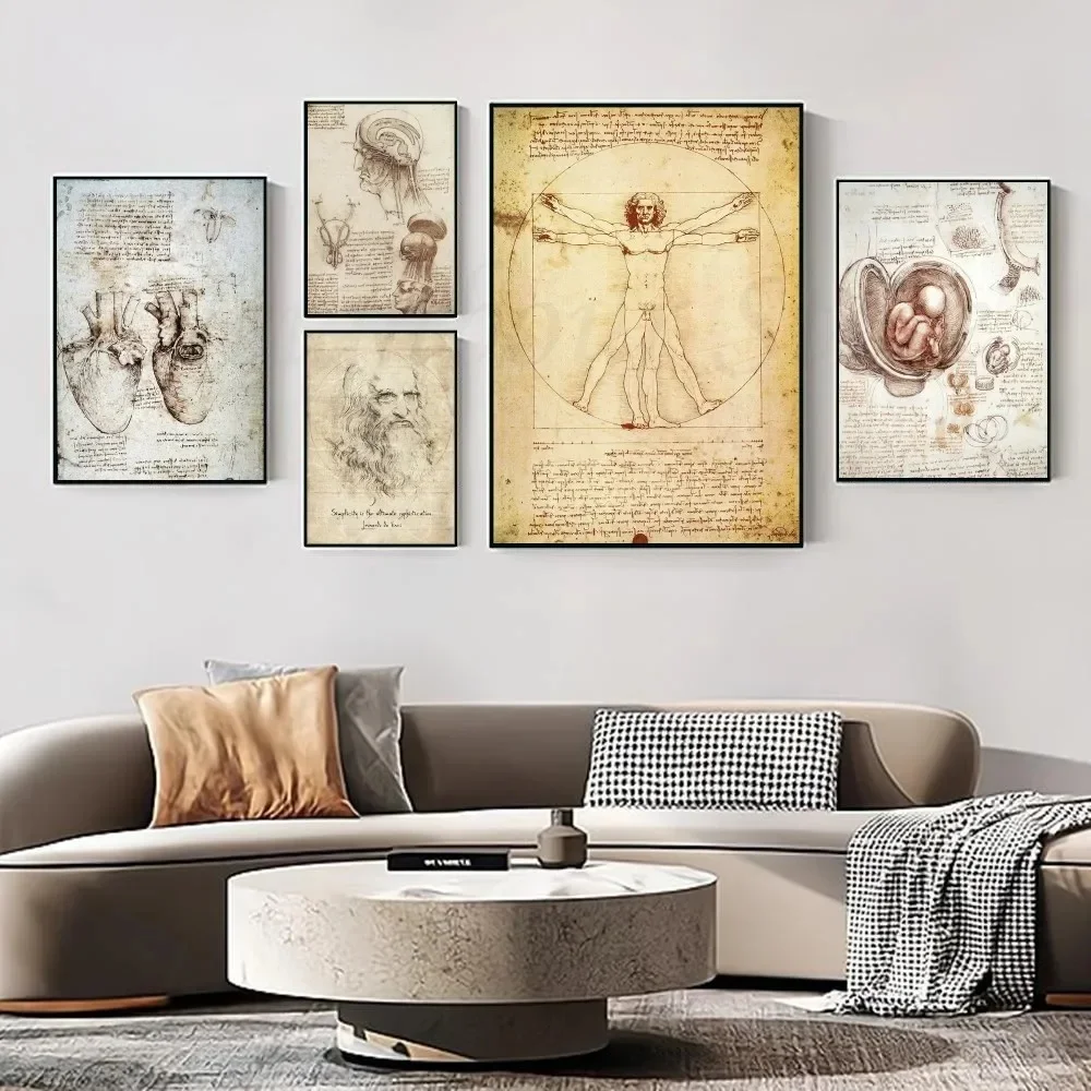 Man Vintage Posters Retro Room Bar Cafe Room Wall Decor Home Living Room Decor Painting Leonardo Da Vinci Manuscript Vitruvian