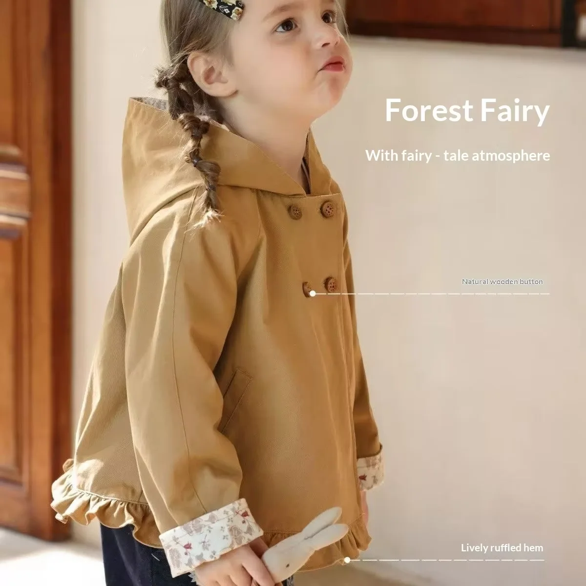 New Girls Short Trench Coat Spring Autumn Khaki Ruffled Outerwear With Floral Cotton Lining For Little Girls