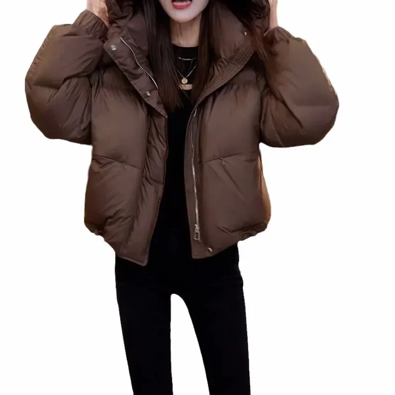 Stylish High-End FeelCotton-Padded Coat Women\'s Autumn Winter 2025 Hooded Puffer Jacket Solid Color Cropped Jacket Korean Style