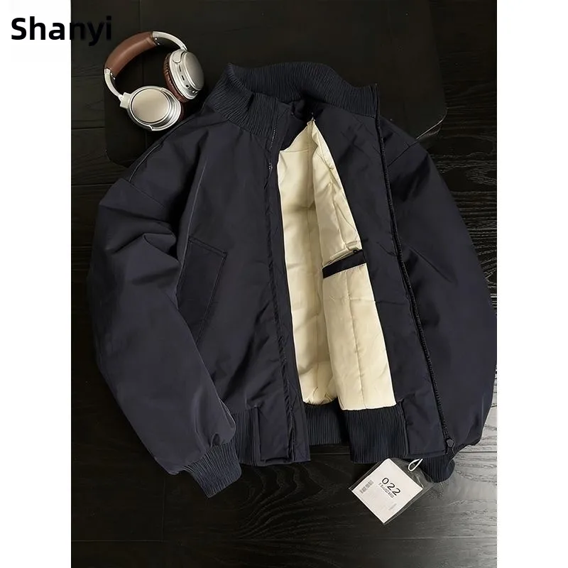 Retro American Blue Cotton Pilot Jacket Thickened Stand Collar Baseball Style Men's Winter Coat Warm Standard Fit Casual Wear