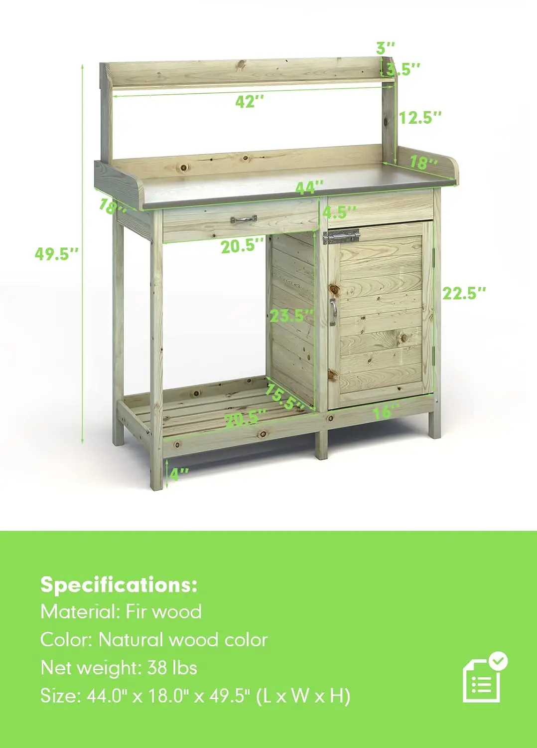 Outdoor Potting Bench with Stainless Steel Tabletop, Wooden Garden Workstation with Storage Shelves for Planting,, Customized