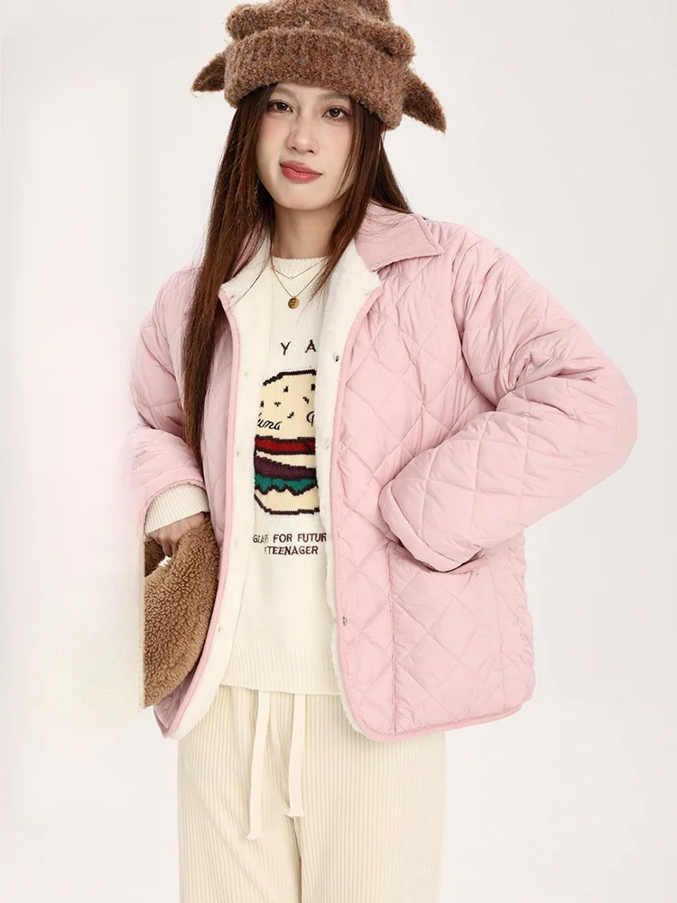 

Pink Rhombus Double-Sided Wearable Women's Cotton Jacket Yang Pao Pao Slimming Collar Commute Style Korean Version Thickened ...