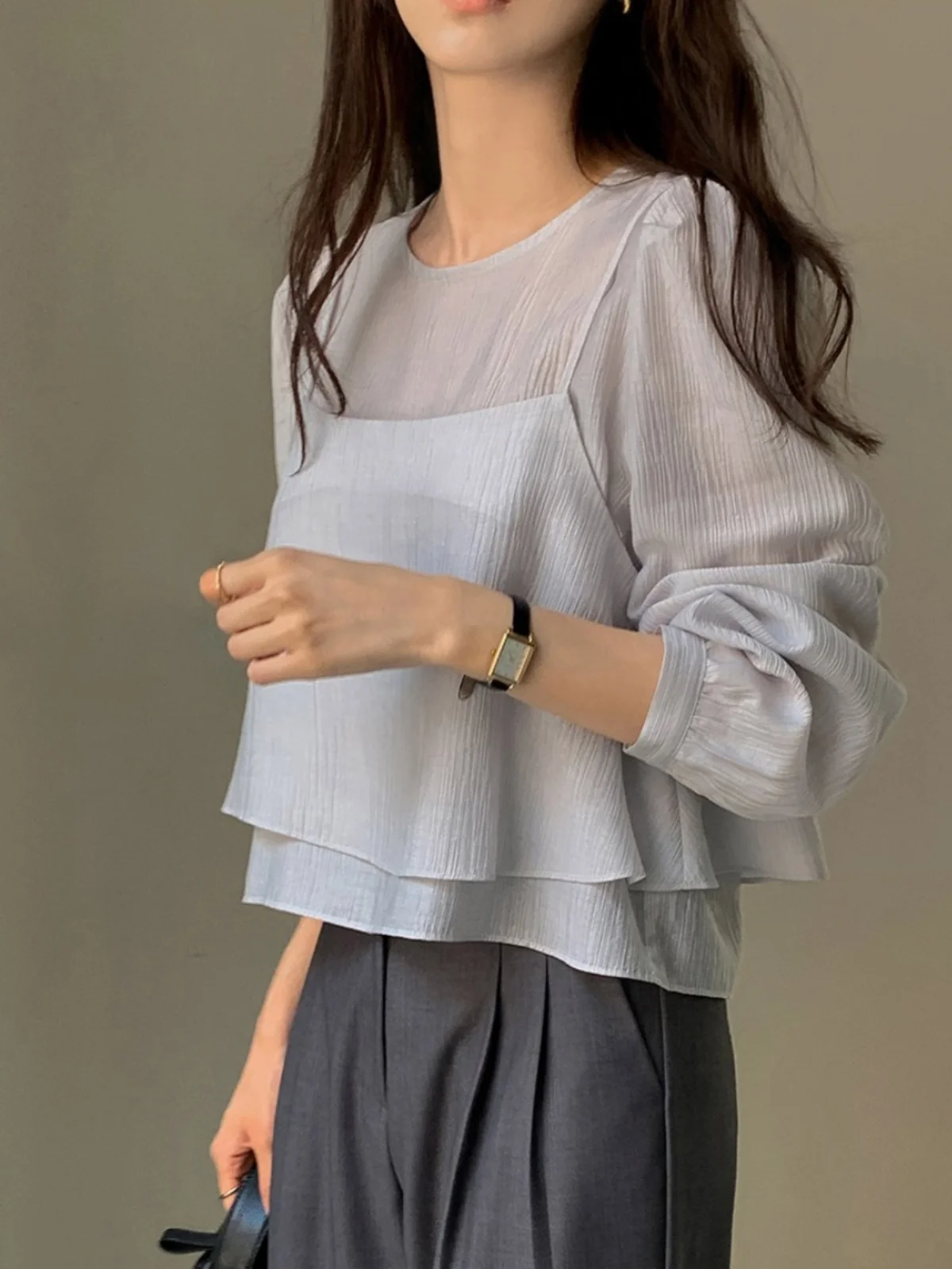 

Chic Unique Design Women's Chiffon See-tough Long Sve Tank Top Set Two-piece Korean Sle Loose Fit Lantern Sve