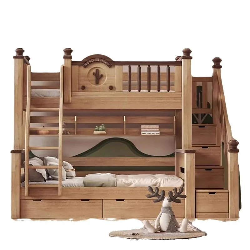 

Small apartment full solid wood bunk bed, goose paw liriodendron children's bed, high and low bed, household split child and mot