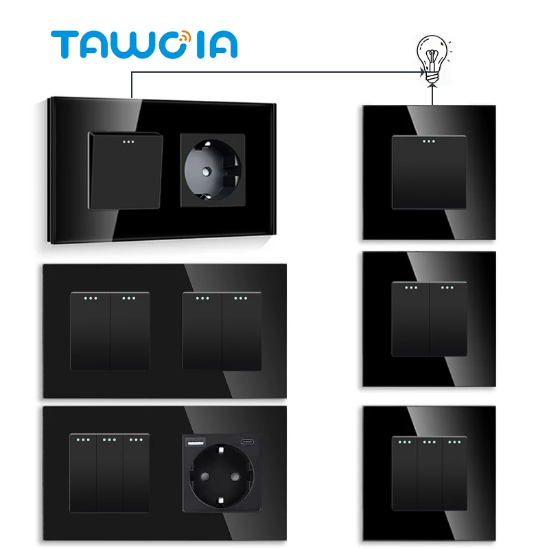 TAWOIA 1/2/3-fach mechanische Lichtschalter, 2-Wege, für Treppen und Flure, mit EU-Steckdose, 20W USB-Typ-C-Anschlüssen, Glaspanel, Schwarz