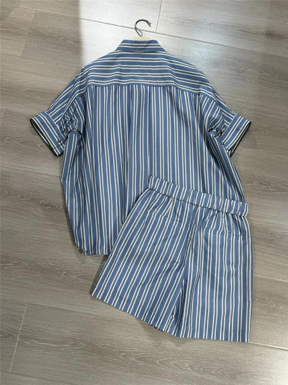 B*C New Cotton Silk Casual Striped Shirt / Drawstring Wide Leg Shorts Pants Suit For  Woman Clothing 2 Piece Set