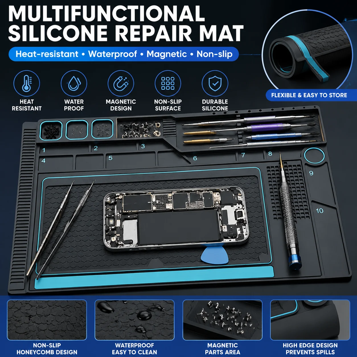 Image of Multifunktionale Silikon-Lötmatte, Wärmeisolierende Arbeitsunterlage, Schraubenaufbewahrungsfach für Laptop-PC-Motherboard-Reparaturstation