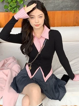 Y2K 셔츠 여성 불규칙한 패션 긴 소매 탑 여성 Hotsweet 세련된 슬림 T 셔츠 숙녀 Preppy 스타일 패치 워크 자른 셔츠