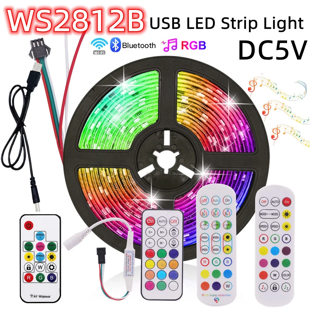 30/60LEDs/m Bluetooth Wifi USB RGB LED Strip Lights WS2812B Infrared Remote Control Flexible LED Tape 5V TV Desktop BackLight